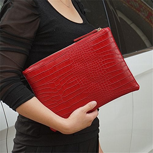 NIGEDU Women Clutches Crocodile Grain PU Leather Envelope Clutch Bag (Red) - Image 2