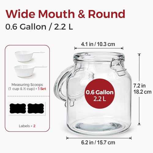 KTMAMA 0.6 Gallon 2 Pack Wide Mouth Glass Jars with Airtight Lid – Includes 1 Cup & 0.5 Cup Measuring Scoops & Labels, Ideal for Flour, Sugar, Coffee, Cereal, Rice & Dry Goods | Thick Glass, BPA-Free - Image 2