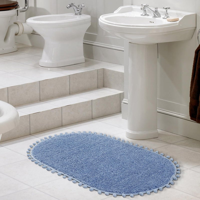 YIRDDEO Blue Pom Bath Rug for Bathroom Non Slip  Cute Boho Pom Oval Absorbent Shower Mat  Plush Soft Washable Rug (20x30 inches) - Image 4