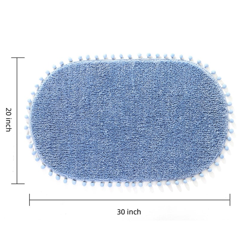 YIRDDEO Blue Pom Bath Rug for Bathroom Non Slip  Cute Boho Pom Oval Absorbent Shower Mat  Plush Soft Washable Rug (20x30 inches) - Image 2