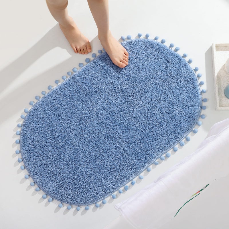 YIRDDEO Blue Pom Bath Rug for Bathroom Non Slip  Cute Boho Pom Oval Absorbent Shower Mat  Plush Soft Washable Rug (20x30 inches) - Image 1