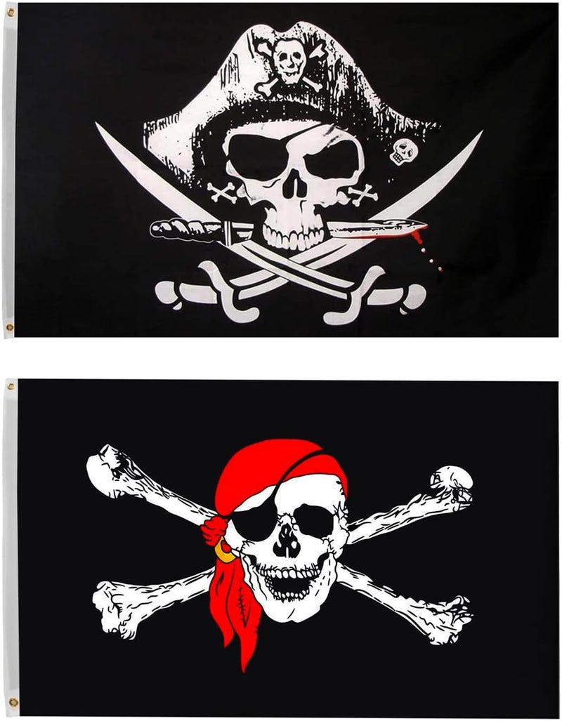 Time Roaming 3x5 Ft Jolly Roger Pirate Polyester Flag with Brass Grommets (Dead Man's Chest + Red Bandana) - Image 1