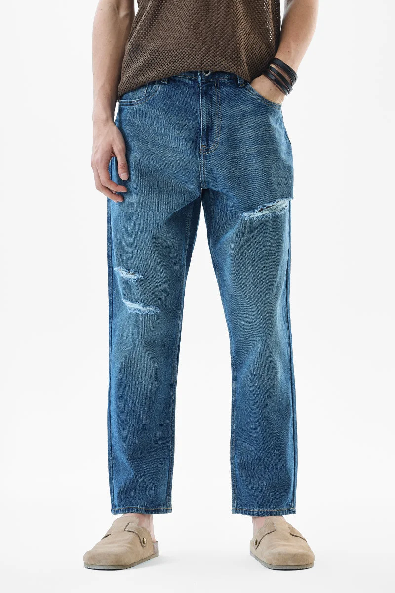 سنيتش Blue Solid Wide Leg Streetwear Jeans