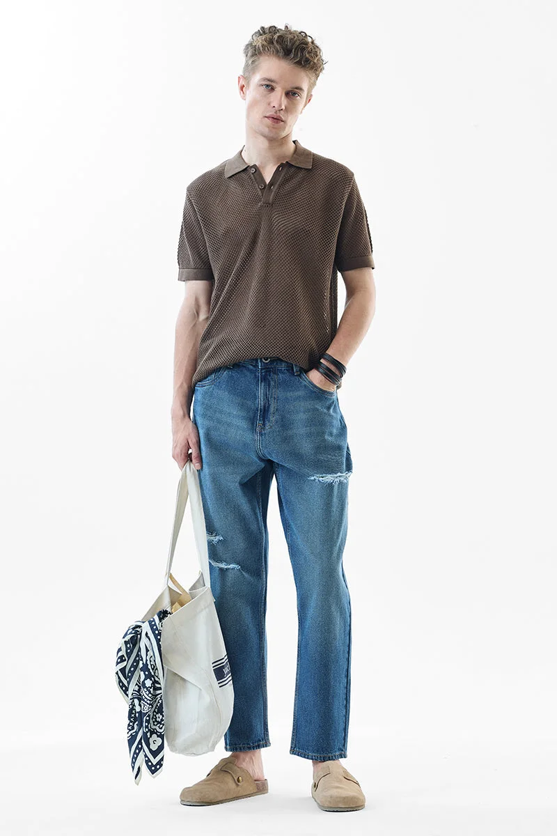 سنيتش Blue Solid Wide Leg Streetwear Jeans