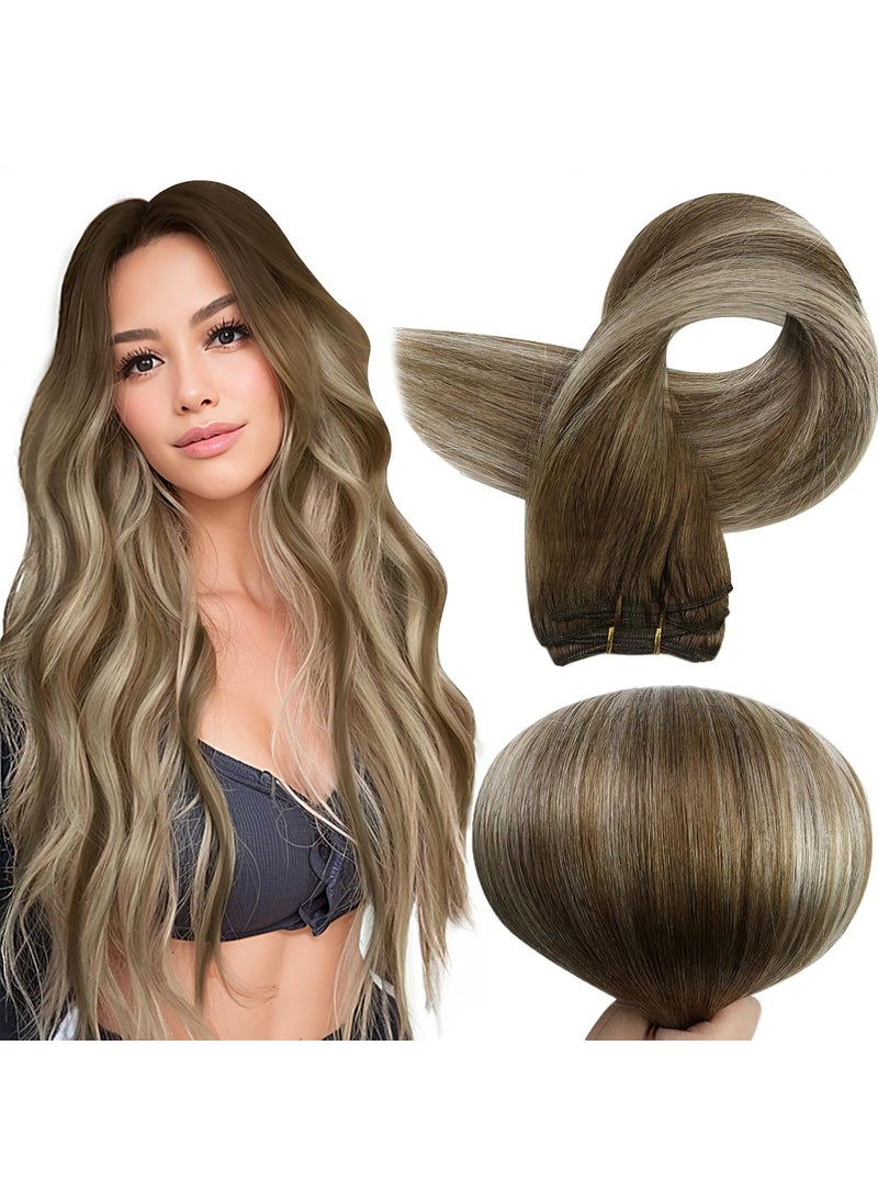 Full Shine Full Shine 20 Inch Human Hair Extensions Sew In Hair Extensions Real Human Hair Color Chestnut Brown Fading To Platinum Blonde Mix Brown Hair Weft Sew In Weft Extensions For Women 105G 