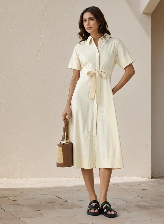 Splash FAV Shirt Midi Cotton Dress with Waist Tie-Up
