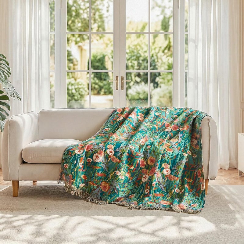 LUTBM Cotton Boho Blanket Queen Size Soft Lightweight Bed Quilt Floral Embroidery Blanket for Bedroom Living Room Home Decor Reversible Blankets 90"x90" - Image 4