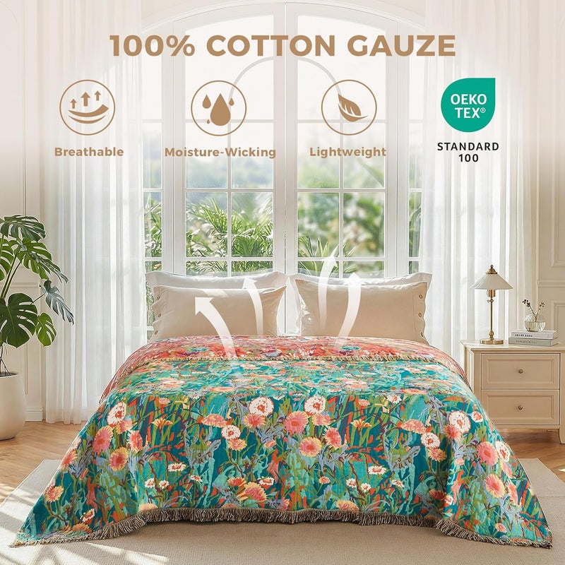 LUTBM Cotton Boho Blanket Queen Size Soft Lightweight Bed Quilt Floral Embroidery Blanket for Bedroom Living Room Home Decor Reversible Blankets 90"x90" - Image 2