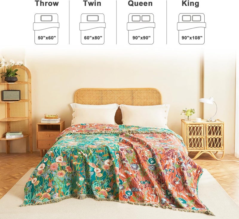 LUTBM Cotton Boho Blanket Queen Size Soft Lightweight Bed Quilt Floral Embroidery Blanket for Bedroom Living Room Home Decor Reversible Blankets 90"x90" - Image 3