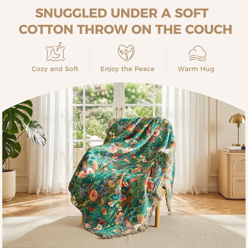 LUTBM Cotton Boho Blanket Queen Size Soft Lightweight Bed Quilt Floral Embroidery Blanket for Bedroom Living Room Home Decor Reversible Blankets 90"x90" - Image 5