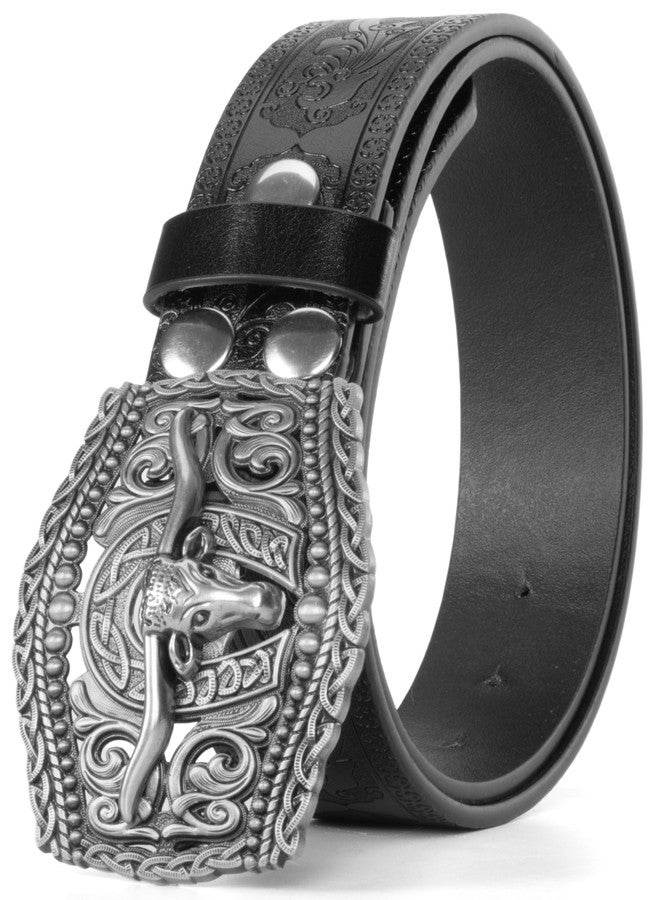 Vikodah Men Women-Western-Cowboy-Leather-Belts - Longhorn Bull Pattern Buckle Belt Floral Engraved Buckle Belt for Jeans, Black-5g, Fit waist 31-35”