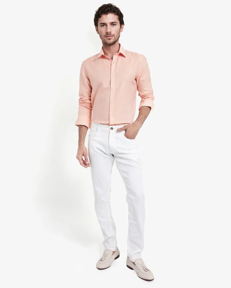 Rare Rabbit Rare Rabbit Men's Chapelle Flouroscent Peach Cotton Lyocell Fabric Full Sleeves Regular Fit Plain Shirt