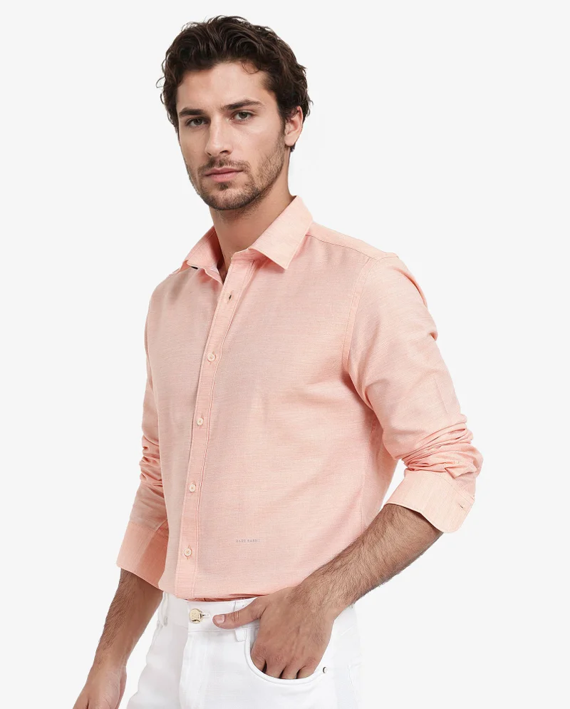 Rare Rabbit Rare Rabbit Men's Chapelle Flouroscent Peach Cotton Lyocell Fabric Full Sleeves Regular Fit Plain Shirt