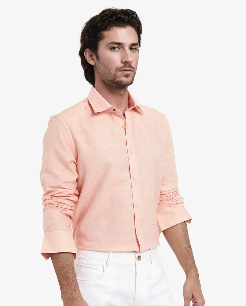 Rare Rabbit Rare Rabbit Men's Chapelle Flouroscent Peach Cotton Lyocell Fabric Full Sleeves Regular Fit Plain Shirt