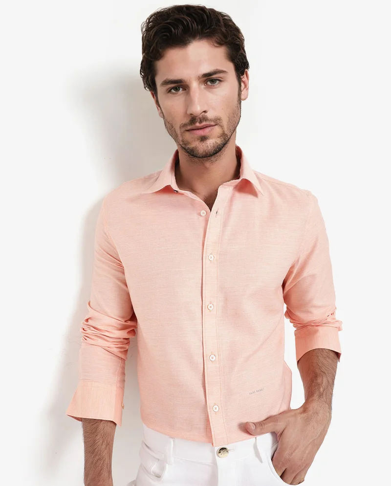 Rare Rabbit Rare Rabbit Men's Chapelle Flouroscent Peach Cotton Lyocell Fabric Full Sleeves Regular Fit Plain Shirt