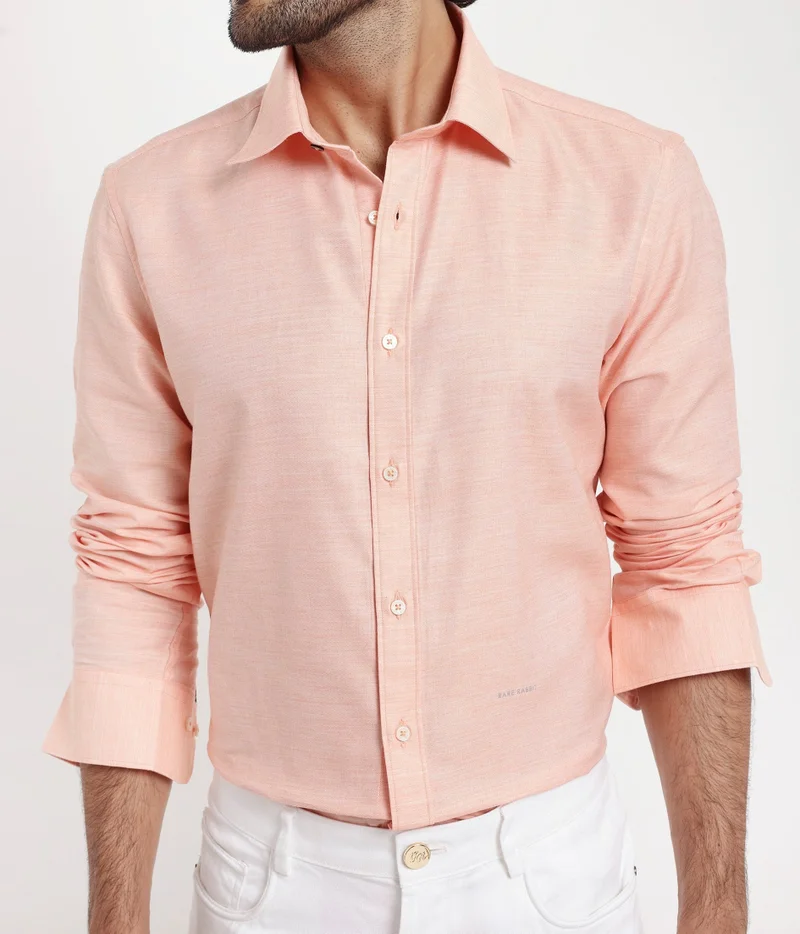 Rare Rabbit Rare Rabbit Men's Chapelle Flouroscent Peach Cotton Lyocell Fabric Full Sleeves Regular Fit Plain Shirt