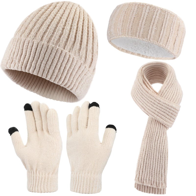 Breathffy 4 Pcs Winter Hat Scarf Gloves Headband Set Knit Beanie Touch Screen Gloves Long Scarf Valentine Gift for Women Men(Chic Style,Beige) - Image 1