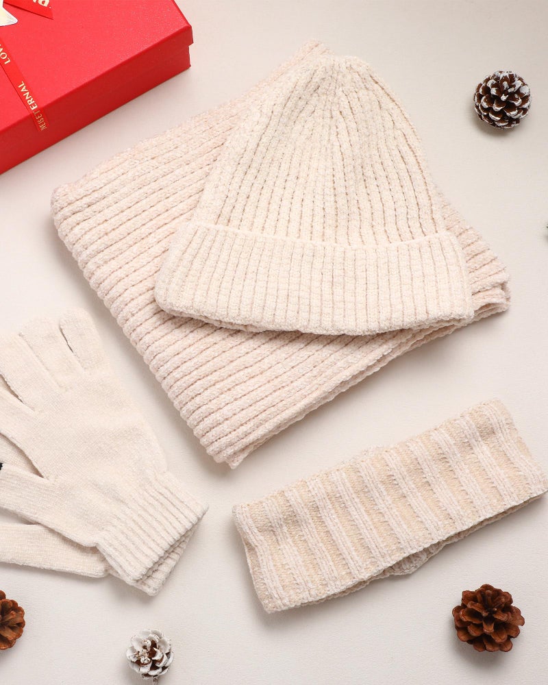 Breathffy 4 Pcs Winter Hat Scarf Gloves Headband Set Knit Beanie Touch Screen Gloves Long Scarf Valentine Gift for Women Men(Chic Style,Beige) - Image 3