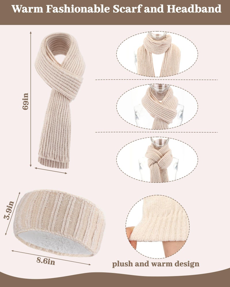 Breathffy 4 Pcs Winter Hat Scarf Gloves Headband Set Knit Beanie Touch Screen Gloves Long Scarf Valentine Gift for Women Men(Chic Style,Beige) - Image 2