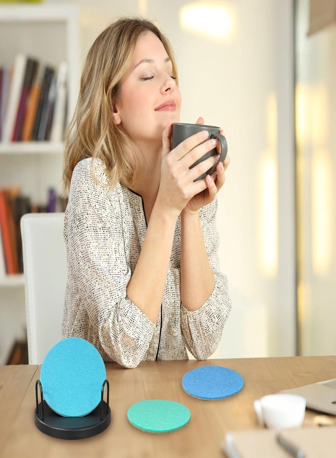 LIBERATECH Ocean Felt Coasters Set of 6, Round Absorbent Drink Coasters, Non-Slip Cork Backing, Removable Holder - Image 2