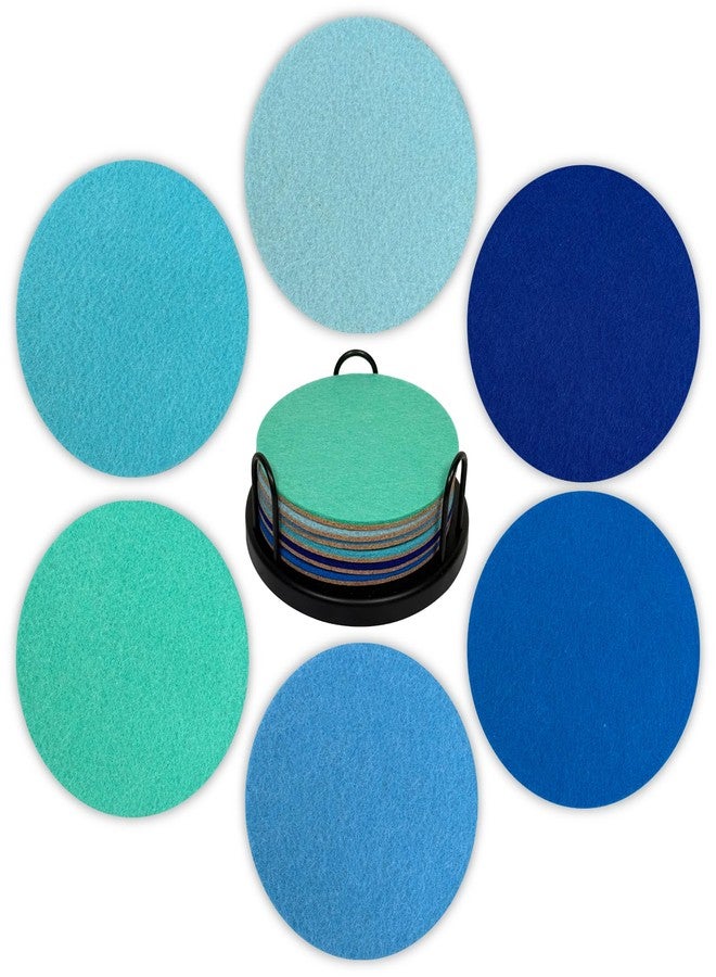 LIBERATECH Ocean Felt Coasters Set of 6, Round Absorbent Drink Coasters, Non-Slip Cork Backing, Removable Holder - Image 1