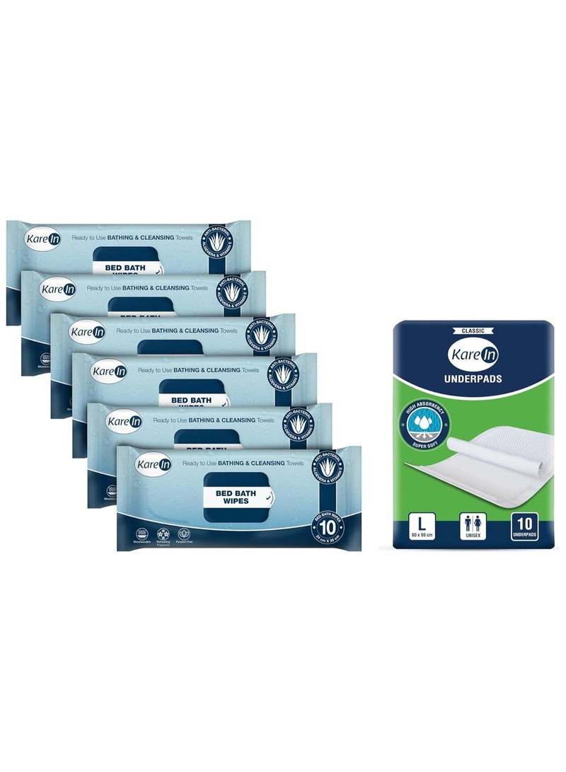 KareIn Bed Bath Wipes, Adult Wet Wipes, 60 Wipes, Pack of 6 & KareIn Classic Underpads, Large, 60 x 90 Cm, Superior Absorbency, Leak Proof, Pack of 1, 10 Count COMBO - Image 1