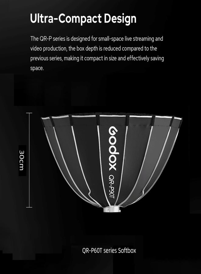 Godox QR-P60T 60cm/23.6in Quick Release Parabolic Softbox Professional Foldable Softbox with Standard Bowen Mount& Diffusers for Photography Studio Photography Portrait Live Stream - Image 2