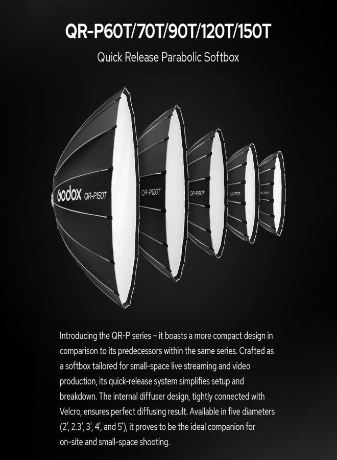 Godox QR-P60T 60cm/23.6in Quick Release Parabolic Softbox Professional Foldable Softbox with Standard Bowen Mount& Diffusers for Photography Studio Photography Portrait Live Stream - Image 3