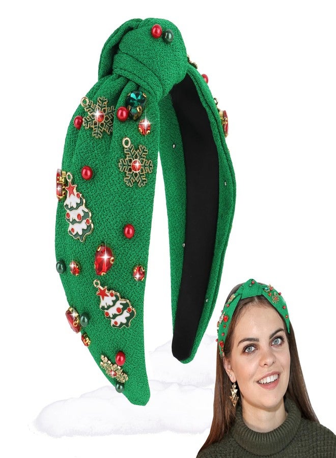 CIEHER Merry Christmas Headbands Xmas Rhinestone Green Hairbands Wide Knotted Headbands Crystal Merry Xmas Crown Hair Hoop Headpiece Christmas Party Decorations - Image 1