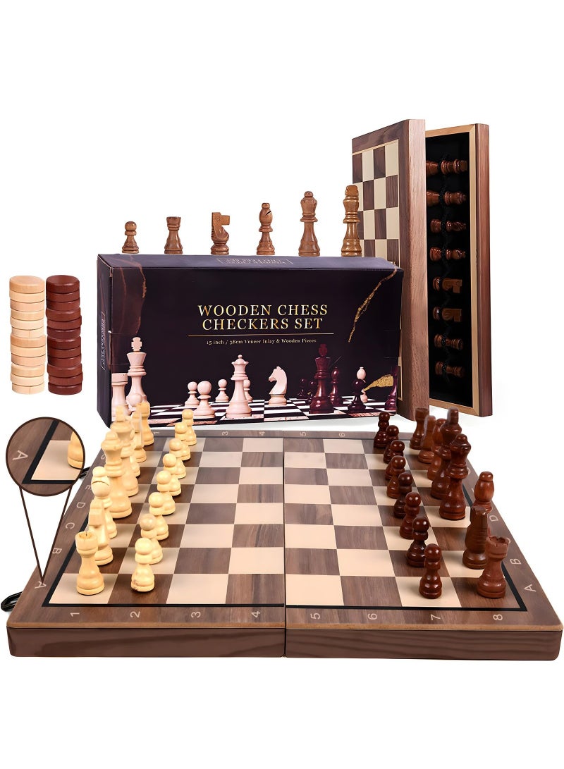 أنيوي لعبة شطرنج 2 في 1، لعبة لوحية مغناطيسية قابلة للطي ومحمولة، لوح خشبي مغناطيسي مقاس 15 بوصة، لعبة لوحية أبجدية للبالغين والأطفال، تتضمن 24 قطعة احتياطية و2 ملكات احتياطية، مناسبة للبالغين والأطفال والمبتدئين والاستخدام أثناء السفر - Image 1