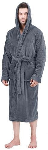 NY Threads روب رجال NY Threads مع غطاء رأس، روب حمام فخم من الفليس مع غطاء رأس، روب سبا للرجال، 2X-Large/3X-Large، رمادي - Image 1