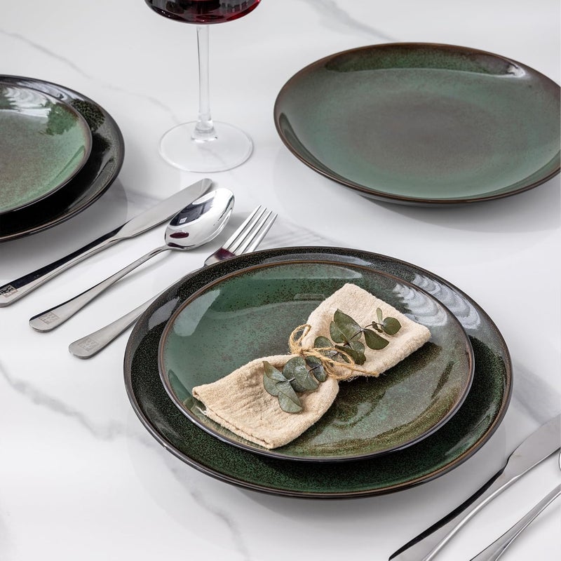 LERATIO طقم أطباق عشاء سيراميك LERATIO مكون من 6 قطع بحجم 10.5 بوصة مصنوعة يدويًا بطلاء تفاعلي من البورسلين شكل كوب أطباق عشاء لمطبخ الفرن الميكروويف آمنة في غسالة الصحون مقاومة للخدش باللون الأخضر - Image 5