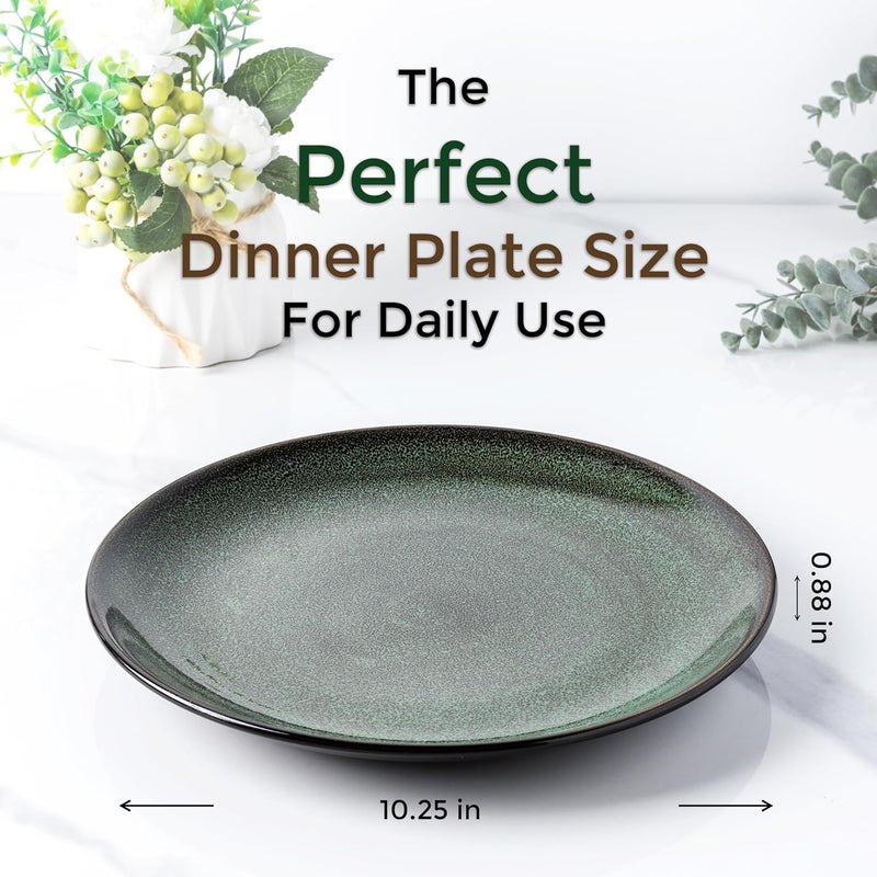 LERATIO طقم أطباق عشاء سيراميك LERATIO مكون من 6 قطع بحجم 10.5 بوصة مصنوعة يدويًا بطلاء تفاعلي من البورسلين شكل كوب أطباق عشاء لمطبخ الفرن الميكروويف آمنة في غسالة الصحون مقاومة للخدش باللون الأخضر - Image 2