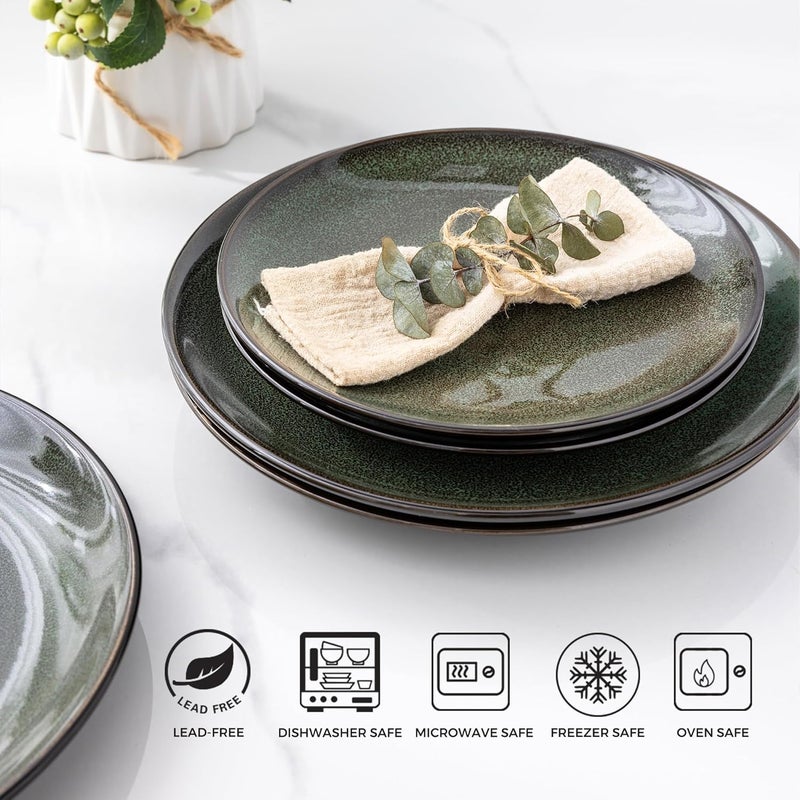 LERATIO طقم أطباق عشاء سيراميك LERATIO مكون من 6 قطع بحجم 10.5 بوصة مصنوعة يدويًا بطلاء تفاعلي من البورسلين شكل كوب أطباق عشاء لمطبخ الفرن الميكروويف آمنة في غسالة الصحون مقاومة للخدش باللون الأخضر - Image 3