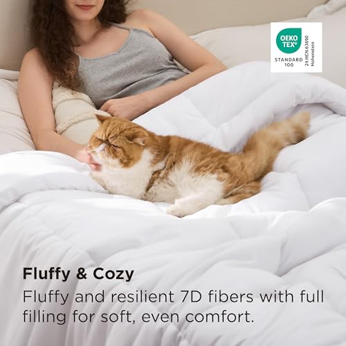 Bedsure لحاف بيدشور بحجم كوين، إدخال لحاف لجميع الفصول، لحاف بديل من الريش، لحاف مخيط بالصناديق مع حلقات في الزوايا، قابل للغسل في الغسالة، 88 × 88 بوصة (أبيض) - Image 2