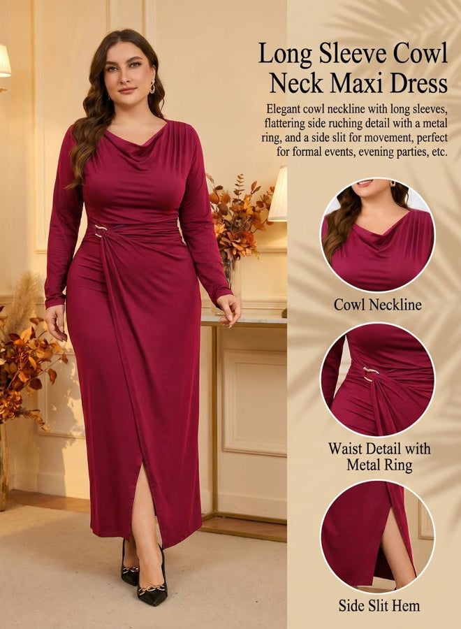 Ekaliy Women's Elegant Cowl Neck Bodycon Maxi Dress Long Sleeve Party Cocktail Wedding Guest Dress, Winered, XL - Image 5