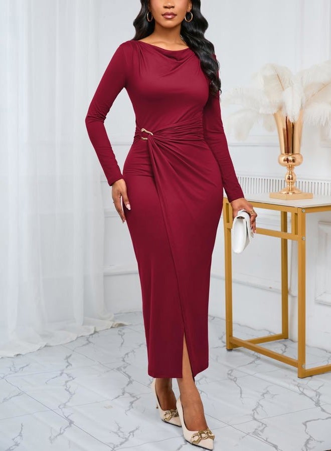 Ekaliy Women's Elegant Cowl Neck Bodycon Maxi Dress Long Sleeve Party Cocktail Wedding Guest Dress, Winered, XL - Image 2