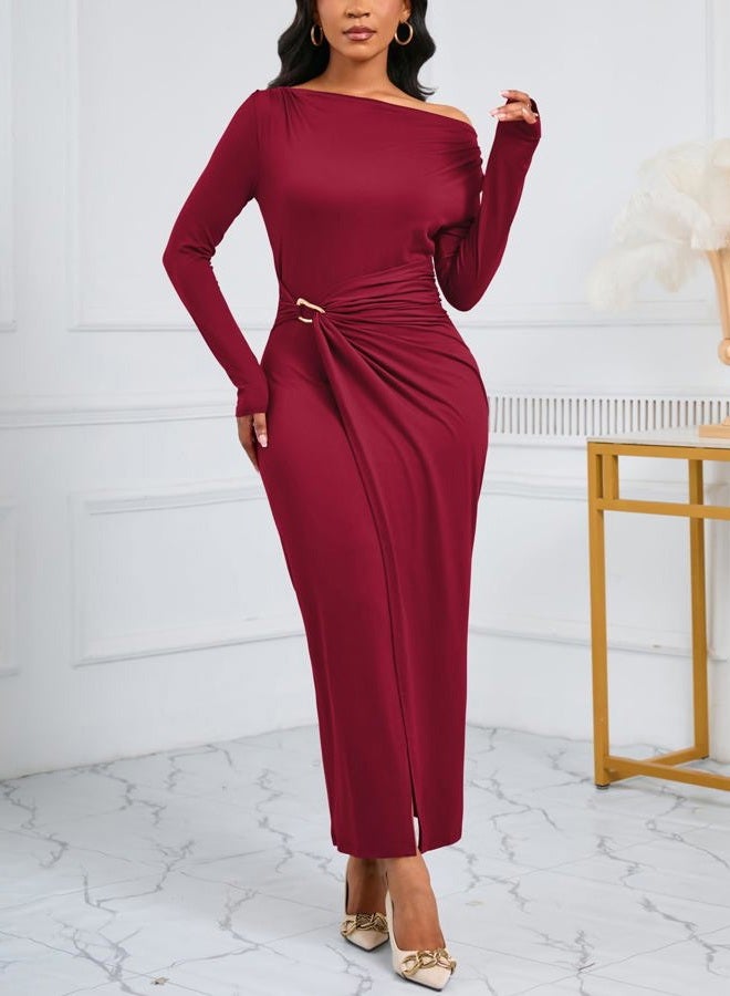 Ekaliy Women's Elegant Cowl Neck Bodycon Maxi Dress Long Sleeve Party Cocktail Wedding Guest Dress, Winered, XL - Image 3