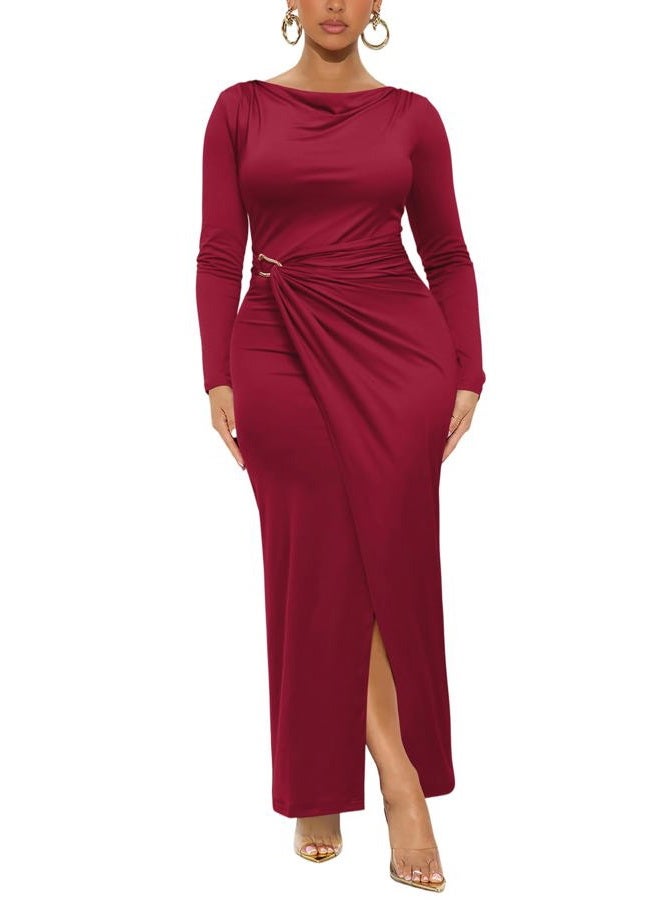 Ekaliy Women's Elegant Cowl Neck Bodycon Maxi Dress Long Sleeve Party Cocktail Wedding Guest Dress, Winered, XL - Image 1