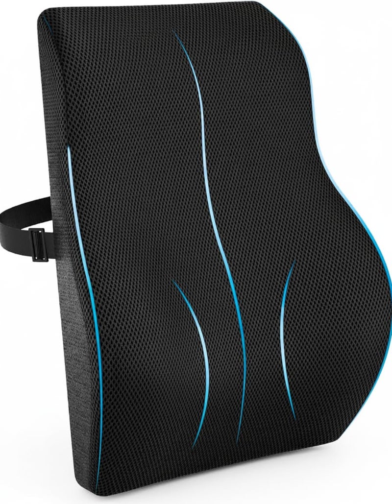 EASEFIT Back Support Cushion for Office Chair & Car | Premium Memory Foam Lumbar Support | 2 Year Warranty | Back Pain Relief, Posture Correction & Adjustable Strap | Breathable Mesh Cover | Made in India - Image 1