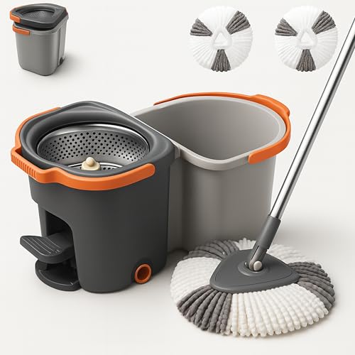 Oumffy 360 Degree Rotation Mop Set with Bucket, Floor Mop Complete Set with Adjustable Stainless Steel Handle & Foot Pedal, Foldable Cleaning Bucket with Super Water Absorbent Mat - Pedal Grey - Image 1