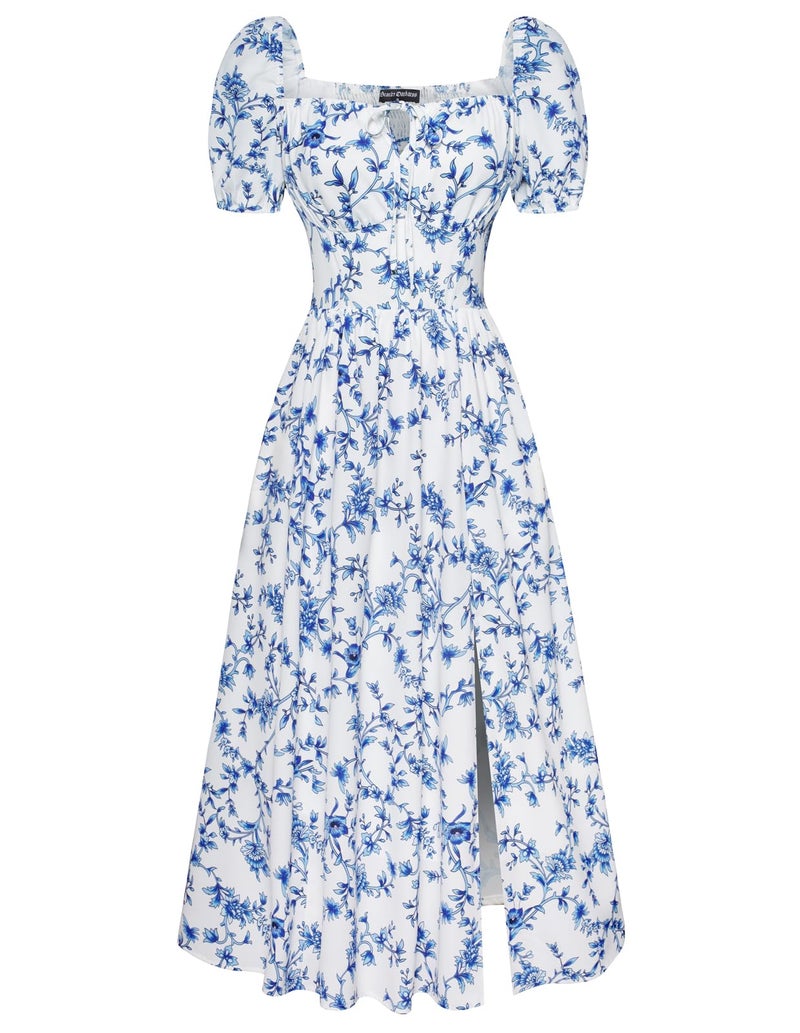 Scarlet Darkness Women's Floral Corset Dress with Split 2026 Summer Spring Square Neck Midi Milkmaid Dresses White Deep-Blue Floral M - Image 1