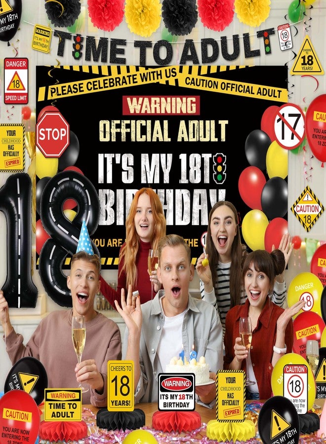 THAWAY 18th Birthday Decorations for Boys 49pcs - 18 Birthday Decorations Boy, Time To Adult Happy 18th Birthday Banner Backdrop Balloons Sash Hanging Swirls, Caution Logo for 18 Years Old Party Supplies - Image 5