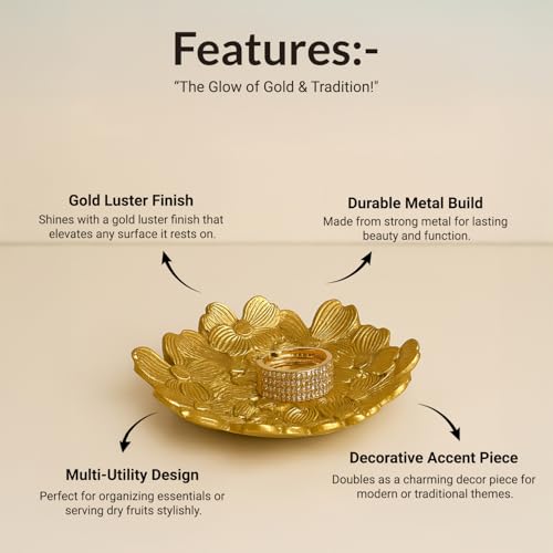 MARKET 99 Golden Embossed Platter | Glossy Aluminium Decorative Dish for Tabletop, Gifting & Festival Display | Designer Tray for Home Decor, Weddings & Celebrations - Image 2