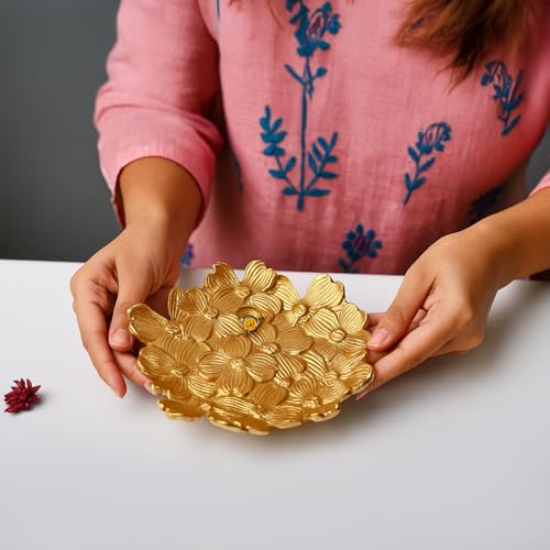 MARKET 99 Golden Embossed Platter | Glossy Aluminium Decorative Dish for Tabletop, Gifting & Festival Display | Designer Tray for Home Decor, Weddings & Celebrations - Image 4