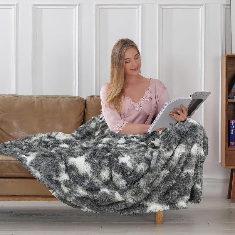 Tuddrom Decorative Extra Soft Faux Fur Blanket Twin Size 70" x 78",Solid Reversible Fuzzy Fluffy Cozy Plush Fleece Comfy Microfiber Blanket for Couch Sofa Bed,Tie Dye Grey - Image 3