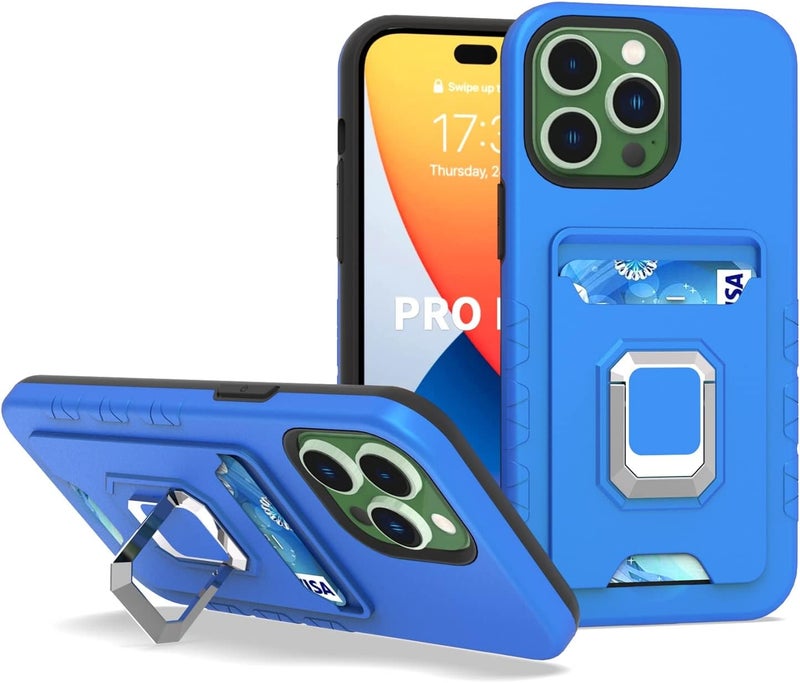 Shockproof Full Body Rugged Coverage with Magnetic 360°Kickstand Case for iPhone 14 Pro Max,Protector Cover with Card Slots(Blue) - Image 1