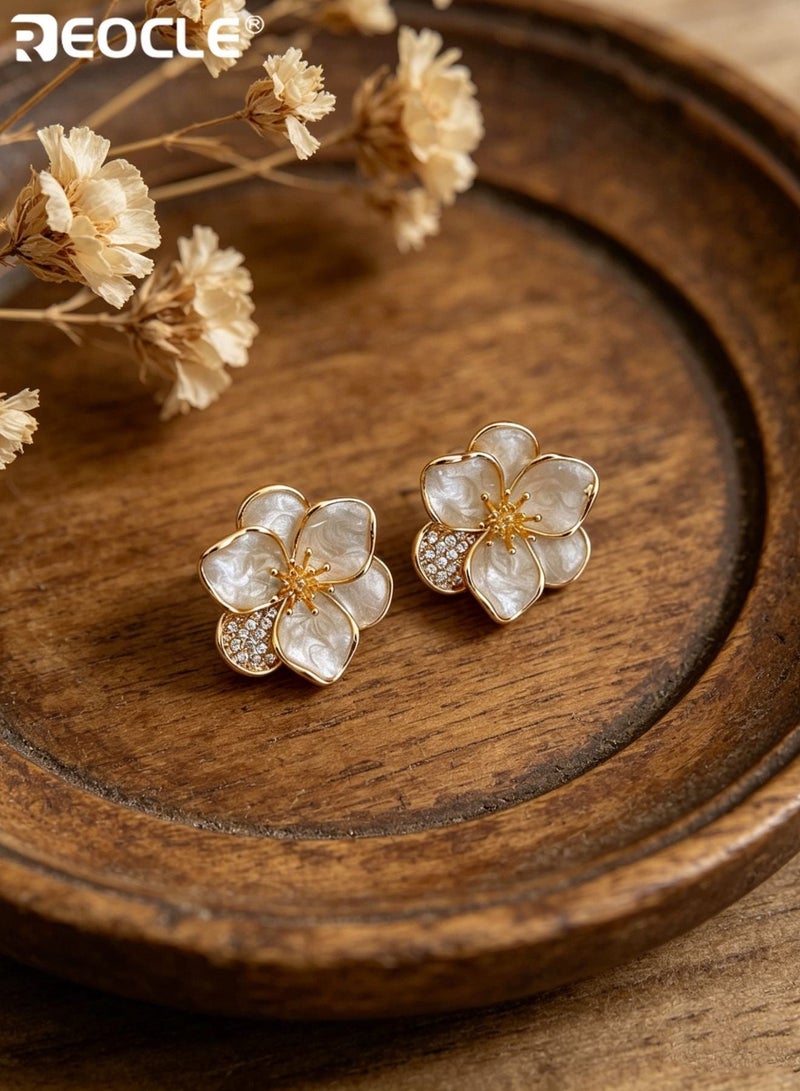 REOCLE Women's Flower Design Stud Earrings Zinc Alloy Jewelry Set Elegant Simple Style with Secure Butterfly Backs for Daily Wear Dating and Special Occasions - Image 2