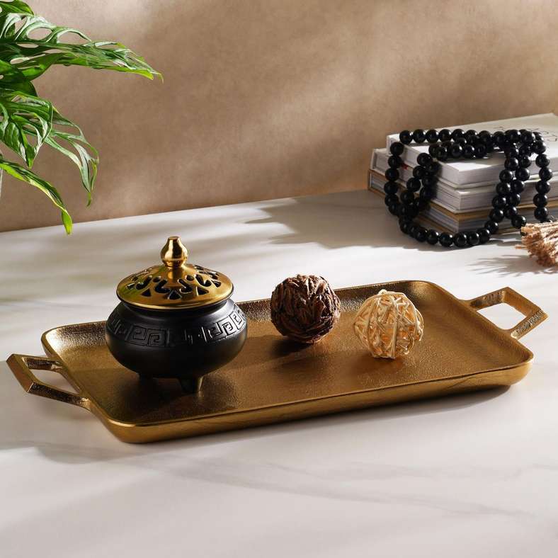 Pan Home صينية ديكور مستطيلة معدنية ذهبية مع مقابض