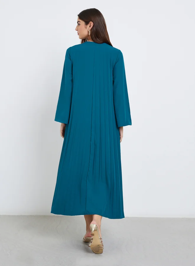 Amirah Amirah Teal Pleated Maxi Jalabiya with Tassel Detail